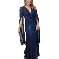 Moteriška vakarinė suknelė skeltomis rankovėmis giliomis V kaklo blizgiu blizgučiu Slim Fit aptemptas juosmens mazgas, klostuotas viso ilgio vienspalvė moteriška išleistuvių banketinė maxi suknelė L tamsiai mėlyna spalva