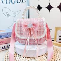 Adorable Bow Pearl Crossbody Bag for Girls with Mesh Crystal Detail 15x10