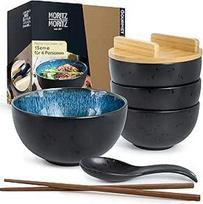 "Moritz & Moritz" 4 x "Solid Ramen Bowl" keraminis dubenėlis - 600 ml - 15 cm skersmens - juodai mėlynas "Ramen" dubenėlių rinkinys 4 asmenims - sriubai, Pho ir suši dubenėliams - su lazdelėmis, dangteliu ir šaukštu