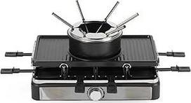 "Salter" elektrinis "Raclette" grilis ir "Fondue" - "2-in-1" nedūminis uždaras grilis, 1,3 l talpos tirpinimo indas šokoladui, sūrio fondiu, 6 šakutės, reguliuojama temperatūra, 8 nesvylančios keptuvės ir medinė mentelė, 1400 W