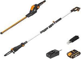 "Worx" 18 V (20 V MAX) akumuliatorinės teleskopinės gyvatvorių žirklės ir genėtuvas WG908E, "PowerShare", 2,0 Ah, dvigubi pjovimo ašmenys, automatinis grandinės įtempimas, automatinis tepimas alyva, 1 val. greitas įkrovimas