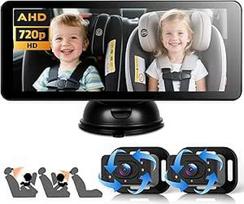 Dviguba kūdikių automobilinė kamera 2 vaikams su 6,86 colių padalytu ekranu HD 720P, 360° pasukama naktinio matymo saugos automobilio sėdynės veidrodžio kamera, siurbimo taurės laikiklis, greitas montavimas