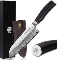 YOUSUNLONG Santoku peilis 7 colių (17,8 cm) virėjo peilis Japoniškas kaltinis damaskinis plienas Medinė rankena Natūrali švininė mediena su odiniu dėklu