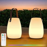 2 LED lauko stalinės lempos, maža belaidė stalinė lempa, 8 spalvos, baterinė stalinė lempa, reguliuojamas apšvietimas su nuotolinio valdymo pulteliu, IP44, skirta stovyklavietei, sodui, balkonui, kiemui (Trumpet Leather Carry Handle)