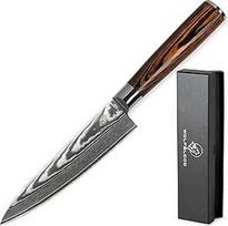 "Wolfblood Damasko virtuvinis peilis L (26 cm) TÜV testuotas 62 HRC Damasko plienas, pagamintas iš 67 sluoksnių I Damasko virtuvinis peilis Virėjo peilis su medine rankena Dovanų dėžutė ir geležtės apsauga