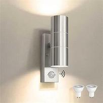 JNR nerūdijančio plieno LED lauko šviestuvas su reguliuojamu PIR judesio jutikliu, IP54 vandeniui atsparus aukštyn žemyn 230 V lauko šviestuvas, įskaitant 2 x 5 W GU10 3000 K šiltai baltos šviesos lemputę