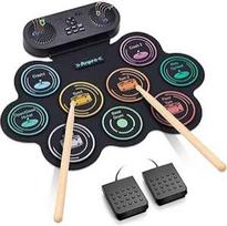 "Anpro" elektroninių būgnų rinkinys, 9 būgnų padai su dviem stereo garsiakalbiais, ritininis būgnų rinkinys su pedalais ir lazdelėmis, ausinių / "Bluetooth" / MIDI palaikymas, dovana vaikams ir pradedantiesiems