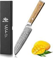"Wakoli Oribu Santoku" peilis - pilnaviduris virtuvinis peilis | 12,5 cm maža geležtė pagaminta iš 67 sluoksnių damaskinio plieno su VG-10 šerdimi | Ergonomiška alyvuogių medžio rankena | Aštri ir patvari