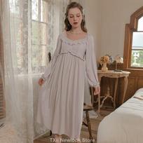 Pure Cotton Nightgown Womens Long Sleeve Updated Royal Style Lace Sweet Princess Nightgown M