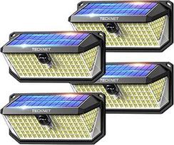 TECKNET 4 x lauko saulės žibintai 4200LM 416 LED 300° apšvietimas 3 režimai su judesio jutikliu Saulės šviesos IP66 vandeniui atspari tvora, kiemas, terasa, sodas, garažas ir kt.