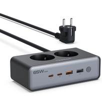 TESSAN PD 65W USB C Charger with Switch, Fast Charger with 1.5 m Extension Cable for Mobile Phones, Tablets and Laptops. 2 Outlet&2 USB-A&2 USB-C juoda