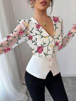 Women's Elegant V-Neck Retro Embroidered Lace Blouse XXL