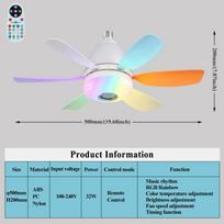 Besisukantis ventiliatorius su šviestuvu ir nuotolinio valdymo pultu, 18,5 colio mažas lubinis ventiliatorius su reguliuojamu LED apšvietimu, Bluetooth garsiakalbis, 3 spalvos, 3 RGB režimai