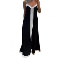 Women Sling Dress V-Neck Sleeveless Contrast Color Maxi Dress Relaxed Fit Fit Backless Holiday Beach Long Dress S juoda balta spalva