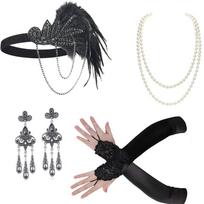 Vintažinis 1920-ųjų Flapper kostiumas Moteriškas GreatGatsby galvos apdangalas Satino pirštinės Auskarai Karoliai Paskutinio skambučio vakarėlio aksesuarų rinkinys 2