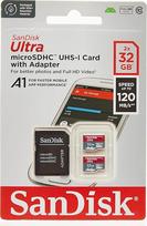 "SanDisk Ultra microSDHC" atminties kortelė + SD adapteris su A1 programėlių našumu iki 120MB/s, 10 klasė, U1