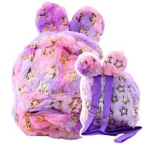 Vaikiška pliušinė kuprinė su ausytėmis, 24 cm, violetinė/rožinė su žvaigždutėmis