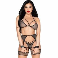 Leg Avenue 89362 Mesh Top, Thong, Garter Belt & Cuffs Set Black One Size