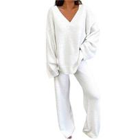 2 Pcs/Set Women Pajamas Set Loose V Neck Long Sleeves Solid Color Elastic Waist Warm Sleeping Clothes Wide Leg Homewear Set for Winter L balta