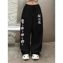 New Women's Pants with Japanese Culture and Cherry Blossom Pattern Printed Elastic Waistline Trend Wide Leg Pants S