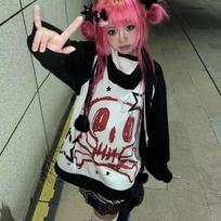 Rudens žiema Y2K subkultūros marškinėliai ilgomis rankovėmis dirbtiniai dviejų dalių Harajuku laisvi punk marškinėliai Kasdieniai roko emo grunge estetiniai marškinėliai S juoda