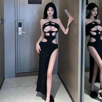 Summer Hollow Out Sexy Club Juoda Moteriška Suknelė Be rankovių Ilgos Suknelės Y2K Mergaičių perskelta suknelė Be nugaros 27926 S juoda