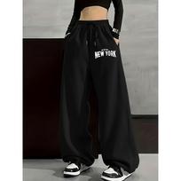 English Letter Printed Wide Leg Sports Pants | Casual Loose Fit with Drawstring Waistband, Suitable for All Seasons S