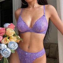 Prancūziškas itin plonas moteriškas apatinio trikotažo rinkinys Seksualus nėrinių gėlių siuvinėjimas Bralette Wireless Deep V Push Up liemenėlės rinkinys kvėpuojantis apatinis trikotažas XL violetinė