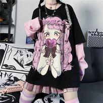 Rudens moters marškinėliai Japoniški Ins Mieli Anime marginimai Harajuku Loose Fake Dviejų dalių ilgomis rankovėmis estetiški moteriški marškinėlių viršus S juoda