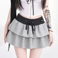 Mini Skirt Lace-up with Shorts Women Elastic High Waist A Line Cake Skirts Korean Fashion Ruffles Hit Color Patchwork Skirt S pilka spalva