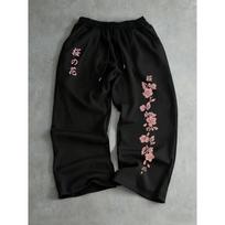 Men's Japanese Cherry Blossom Printed Black Running Pants with Pink Flower Pattern Wide Version S