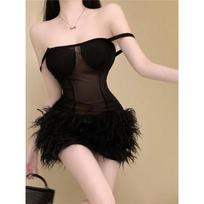 Seksuali tinklinė suknelė be nugarų, plunksnos juodos nėriniuotos Bodycon Wrap plonas apvalkalas mini trumpos suknelės naktinio klubo vakarėlio apranga S juoda
