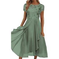 Apvali iškirptė, trumpos rankovės, liemenį aptempianti, aukštu liemeniu, vakarinė suknelė, elegantiški siuvinėjimai, nėriniai, gėlių raštas, šifonas, klostuotas kraštas, A silueto midi suknelė, gatvės stilius M žalia