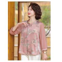 Chinese Style Mandarin Collar Blouse Women's Floral Printed Half-sleeve Chiffon Elegant Top XL rožinė