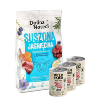 DOLINA NOTECI Premium Lamb – džiovintas šunų maistas, 9 kg + Wild Farm Pate Lamb 3x400g ėrienos ėdalas šunims be glitimo