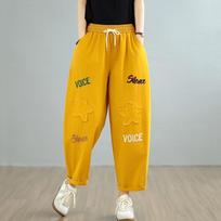 plus size thin Vintage embroidery high waist casual loose Women summer jeans denim Harem Pants M smėlis