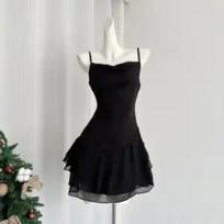Women's Black Sling Mini Dress Cowl Neck Ruffle Hem Slim Fit Party Dress S juoda
