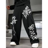 Men's Logo Print Casual Sports Long Pants with Drawstring, Long Holiday Sportswear Casual Trousers S