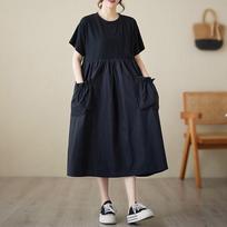 Short sleeve Plus size Black Cotton vintage  new in dresses for women casual loose  long summer dress XL