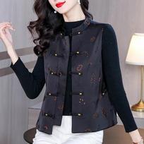 Women's Black New Chinese Style Mandarin Collar Frog Button Vest with Floral Print Retro Casual Gilet L juoda