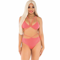 Leg Avenue Set - Coral & Yellow Bra Top with Strappy Panties, One Size