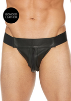 Plain Front Leather Jockstrap with Zipper Black L/XL