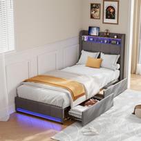 Viengulė lova 90x200 cm, su USB/C tipo sąsaja, LED apšvietimu, 2 stalčiais, lininė, pilka