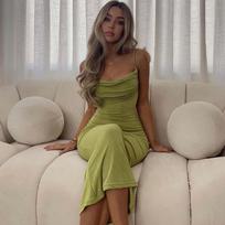 Moteriška vasarinė suknele vakarėliui be rankovių su spagečių dirželiu Elegantiška seksuali drapiruota maxi suknelė S žalia