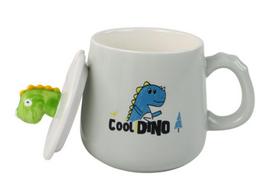 Vaikiškas keraminis puodelis su šaukštu ir dangteliu Dinozauras, mėlynas