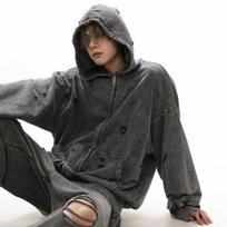 2026 Autumn/Winter Men's Retro Ripped Hooded Sweatshirt - Heavyweight, Loose Fit, Trendy Versatile American Style L skalbtas juodos spalvos
