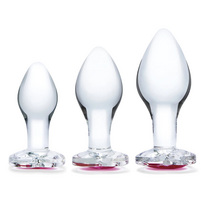 Glas Heart Jewel Glass Plug Set 3 pcs - Graduated Sizes, Red Base Accent
