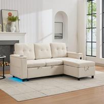 L formos miegamoji sofa su daiktadėže ir LED, 208×146×89,5 cm, smėlio spalvos, 1 vnt.