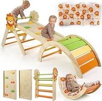 "7-in-1" Montessori laipiojimo trikampio rinkinys su čiuožykla, laipiojimo arka ir minkšta pagalvėle, medinis laipiojimo rėmas 1-3 metų kūdikiams ir mažyliams, sulankstomas ir saugus (Lion)