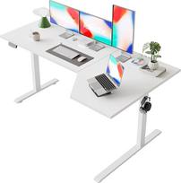 "Agilestic" elektrinis stovimas stalas, L formos 160 cm aukščio reguliuojamas stalas, sėdimas ir stovimas stalas namų biurui, ergonomiškas kylantis kompiuterio stalas su jungiamąja plokšte, baltos spalvos
